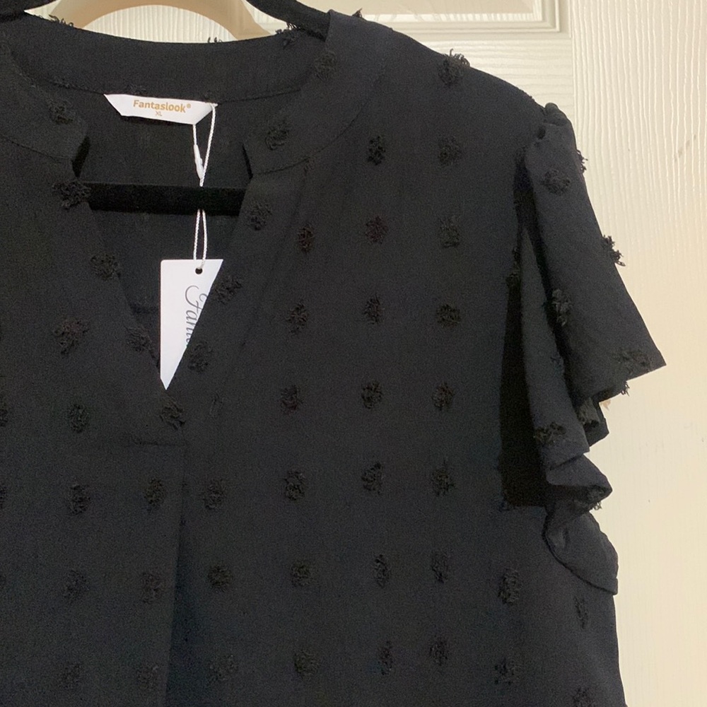 Fantaslook  black v neck ruffle sleeve large swiss dots short sleeve blouse